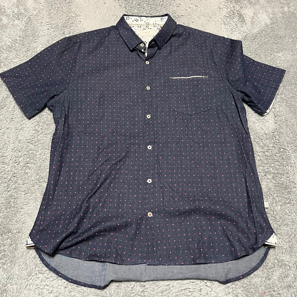 7Diamonds Shirt Mens Large Blue Audio Tree Denim Stretch Short Sleeve Button Up